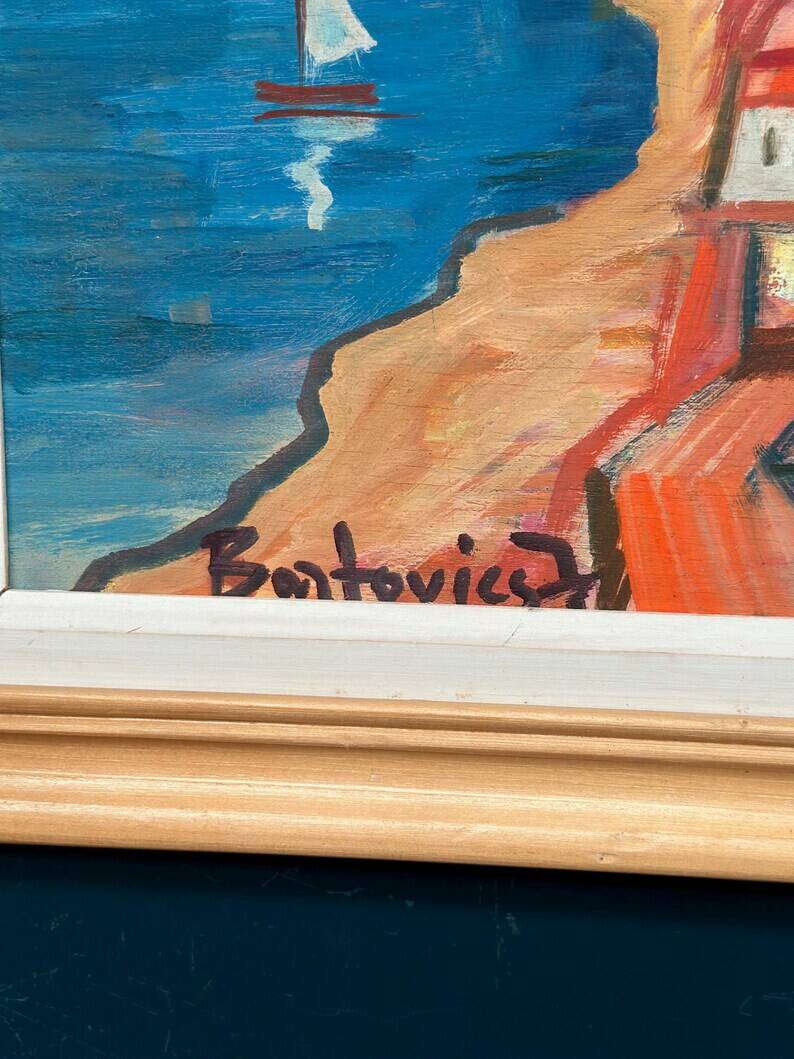 Original Swedish Oil on Panel – “Coastal Town” by Bartovicz 71 – Vintage & Framed – 51 × 41 cm (20" x 16.1")