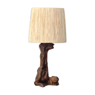 Vine wood lamp, raffia lampshade, 70s