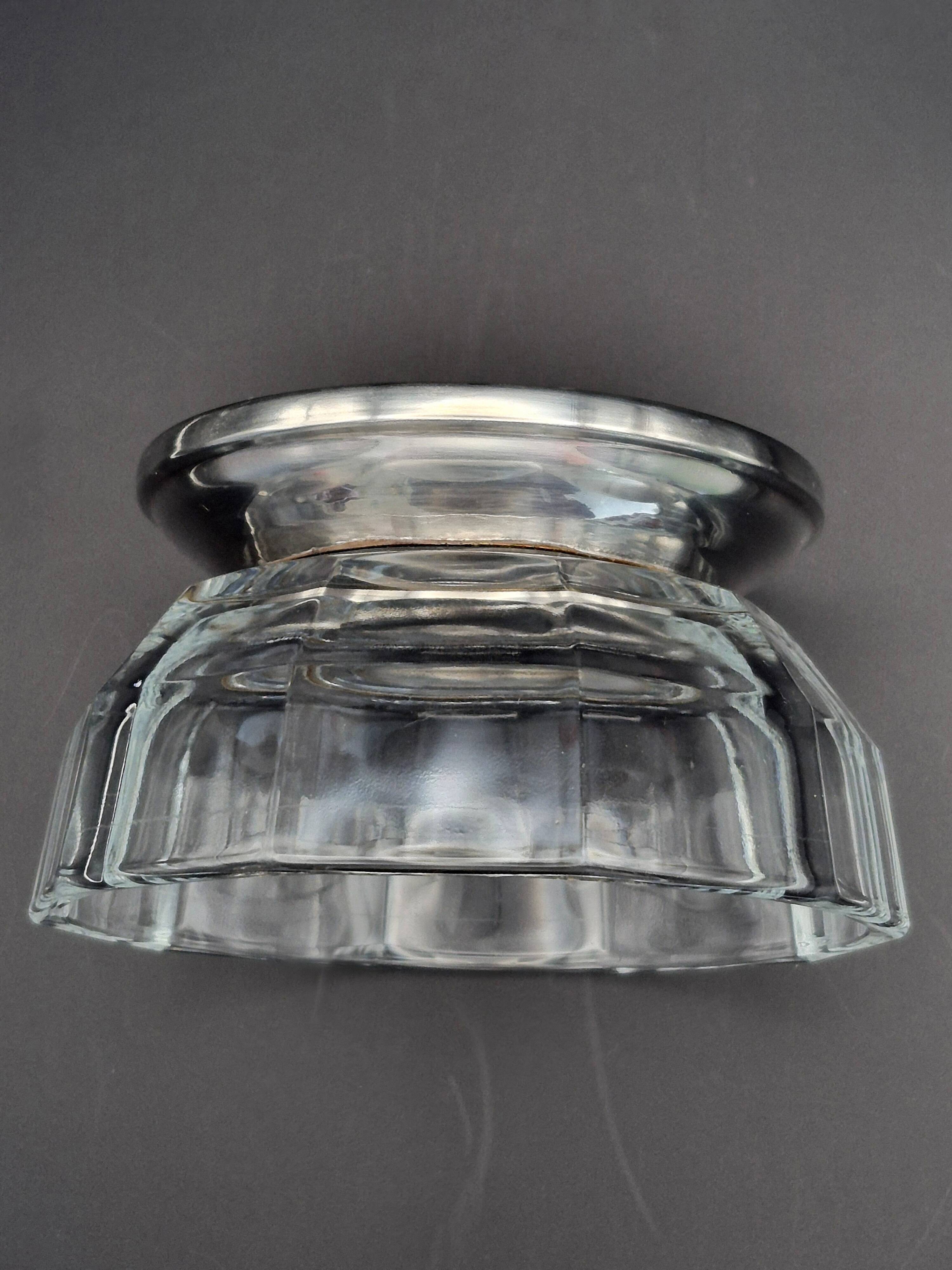 Art Deco thick crystal/glass bowl, silver-plated metal pedestal.