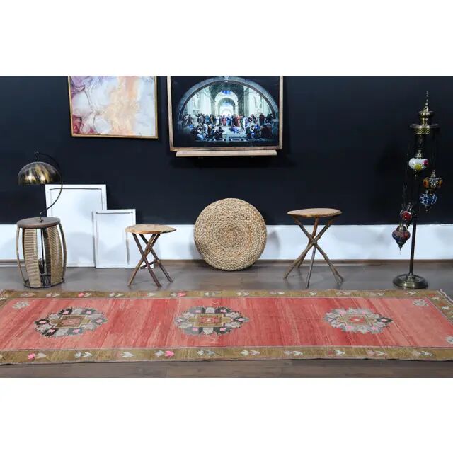 Handmade Turkish Vintage Oushak Runner Rug Pink Green Runner 105x327