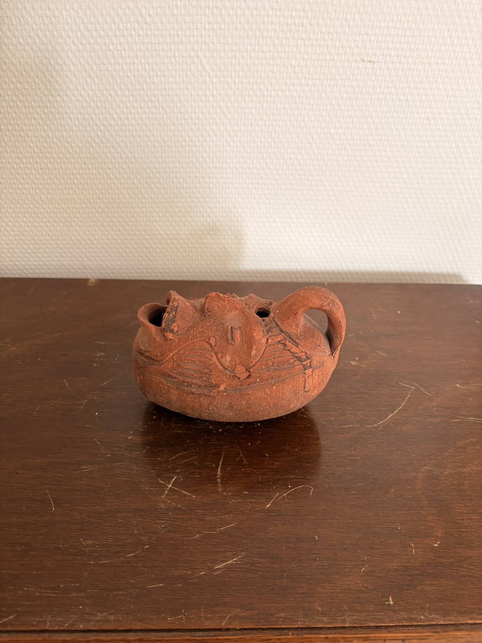Ancient Anthropomorphic Oil Lamp Sculpture Terracotta Peru Pre-Columbian