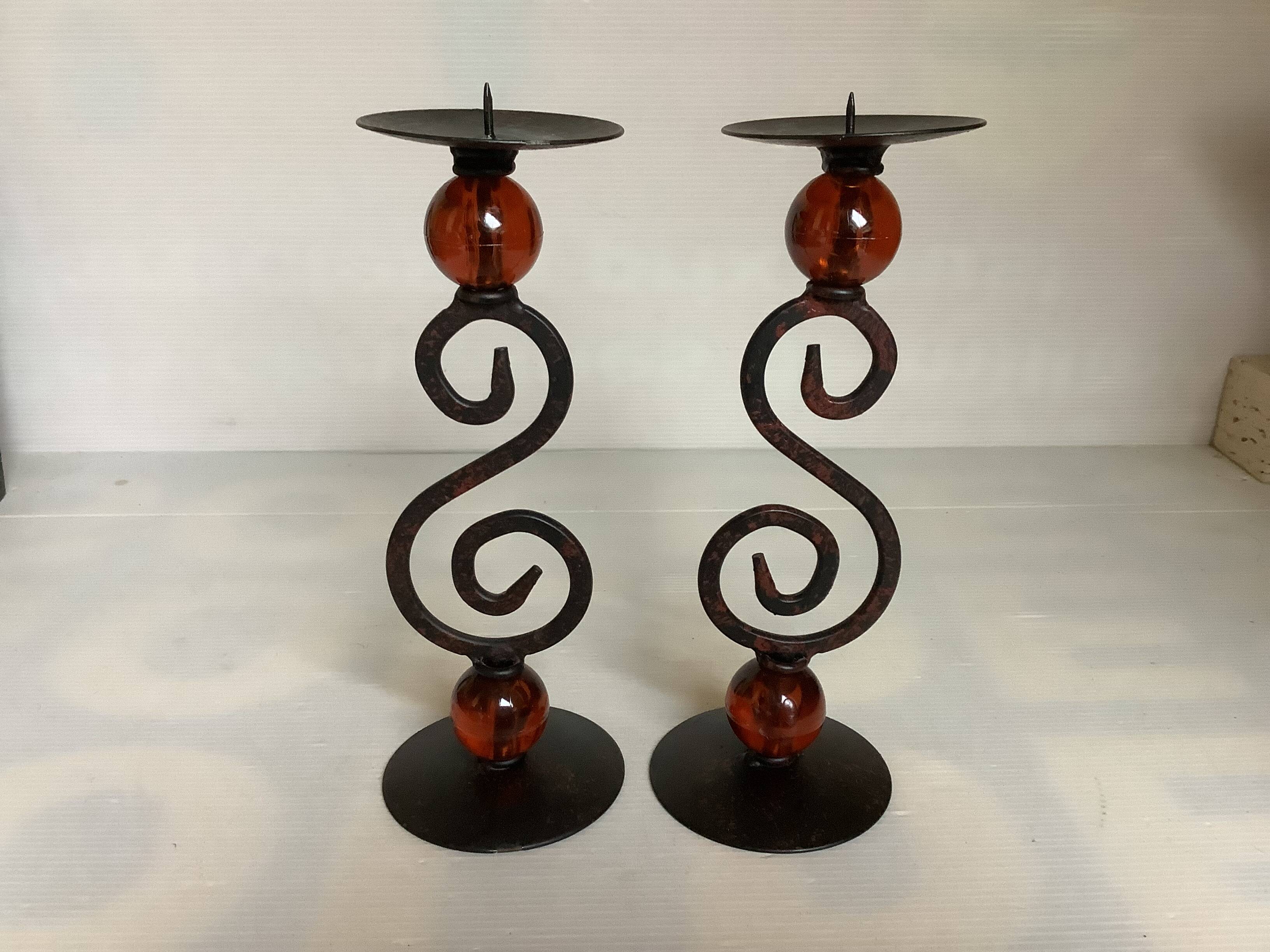 Pair of spiral candlesticks and beads