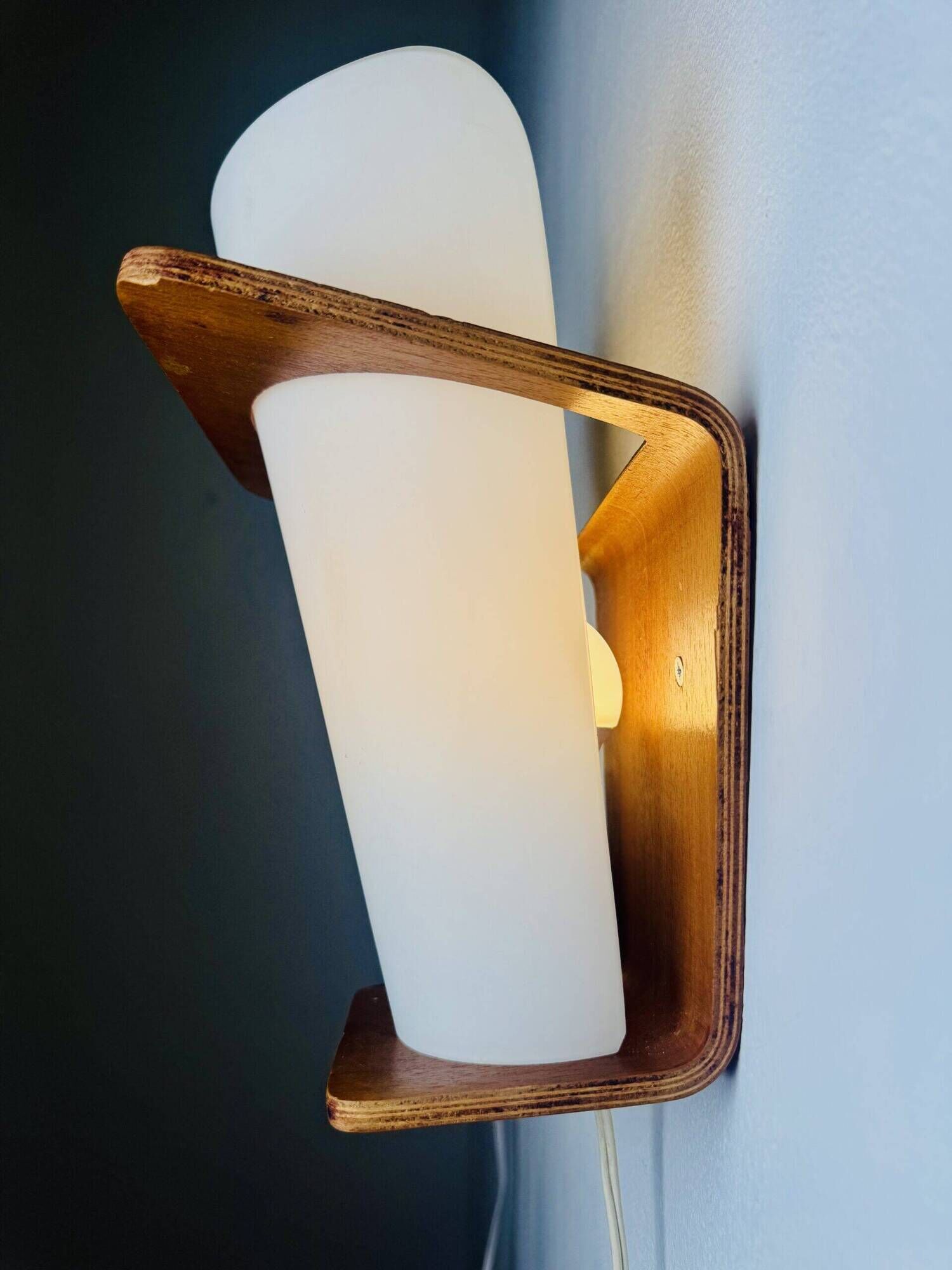 Nx41 Wood And Curved Glass Wall Lamps By Louis Kalff For Philips, The Netherlands 1950S