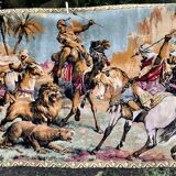 Orientalism tapestry with hunting scene of Arab warriors and lions