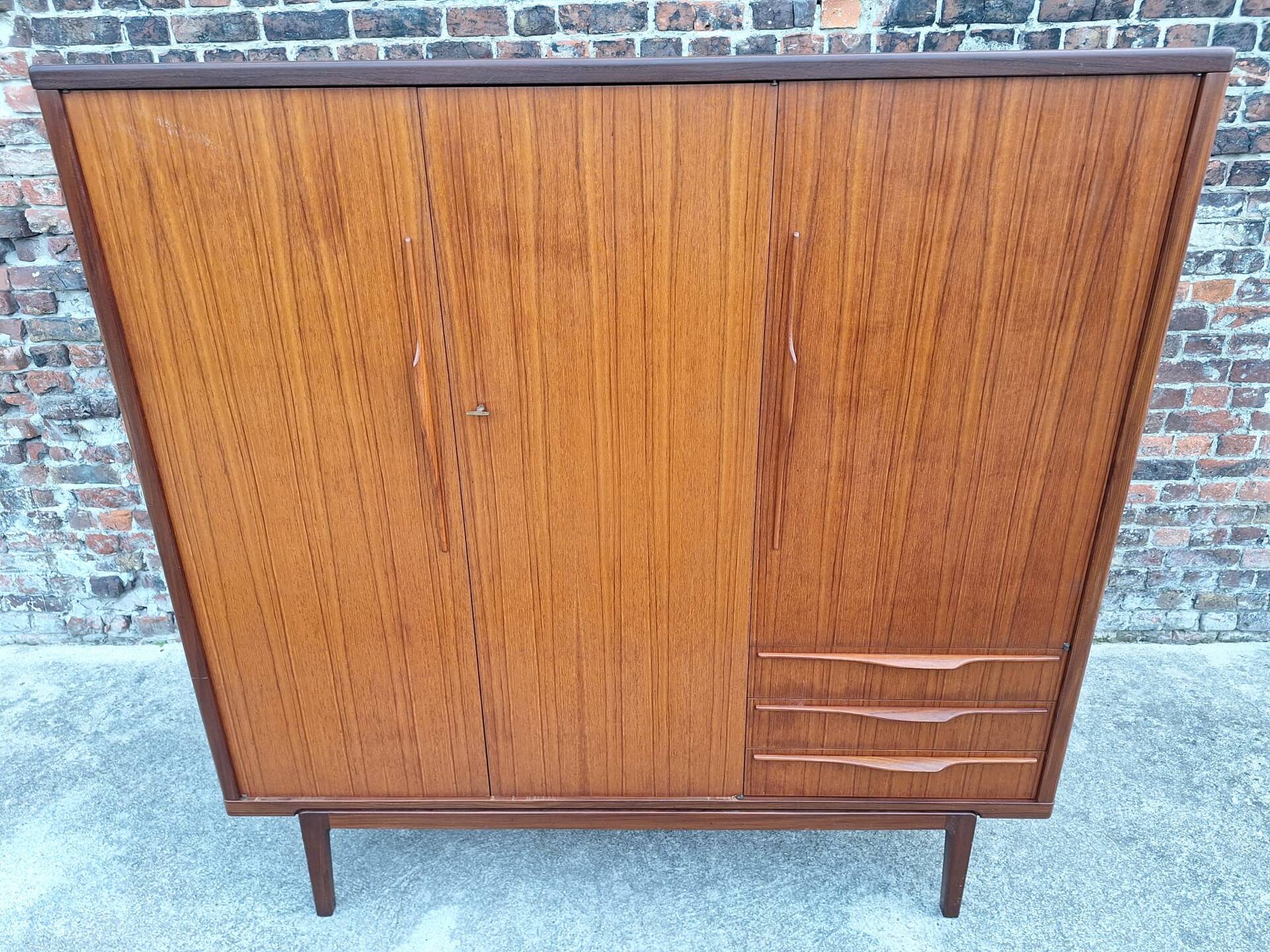 Vintage teak wardrobe, antique clothing cabinet.
