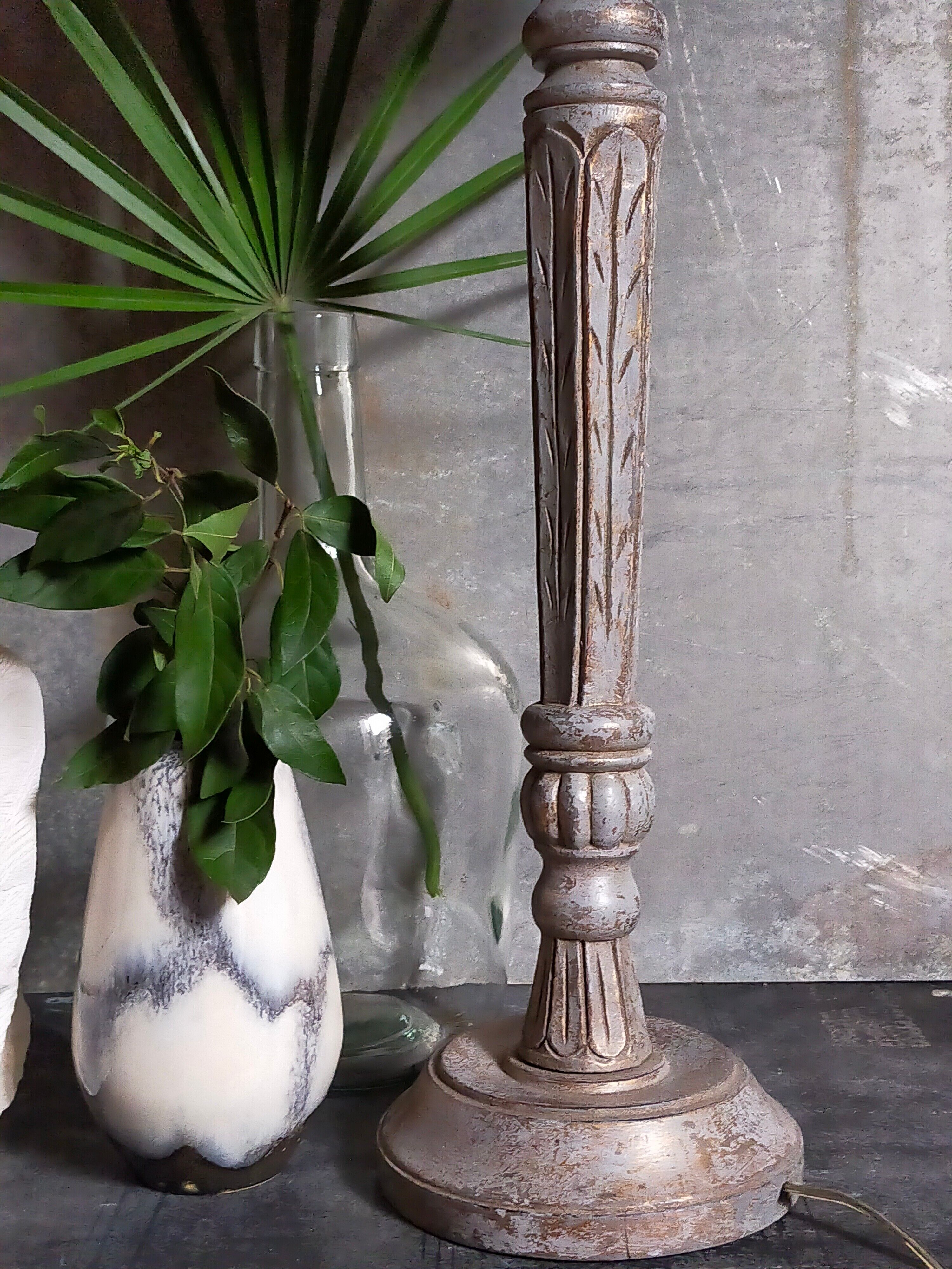 Foot of lamp turned wood carved patina old nineteenth