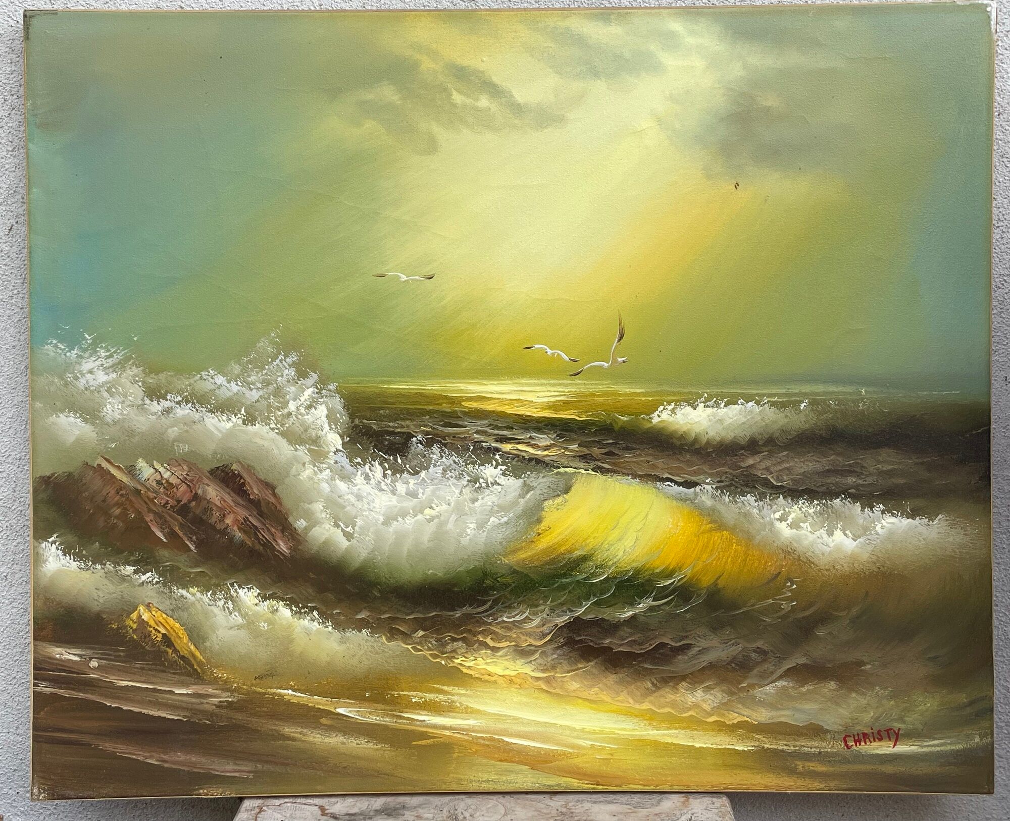 Marine, oil on canvas "Seagull on waves and rock" signed Christy