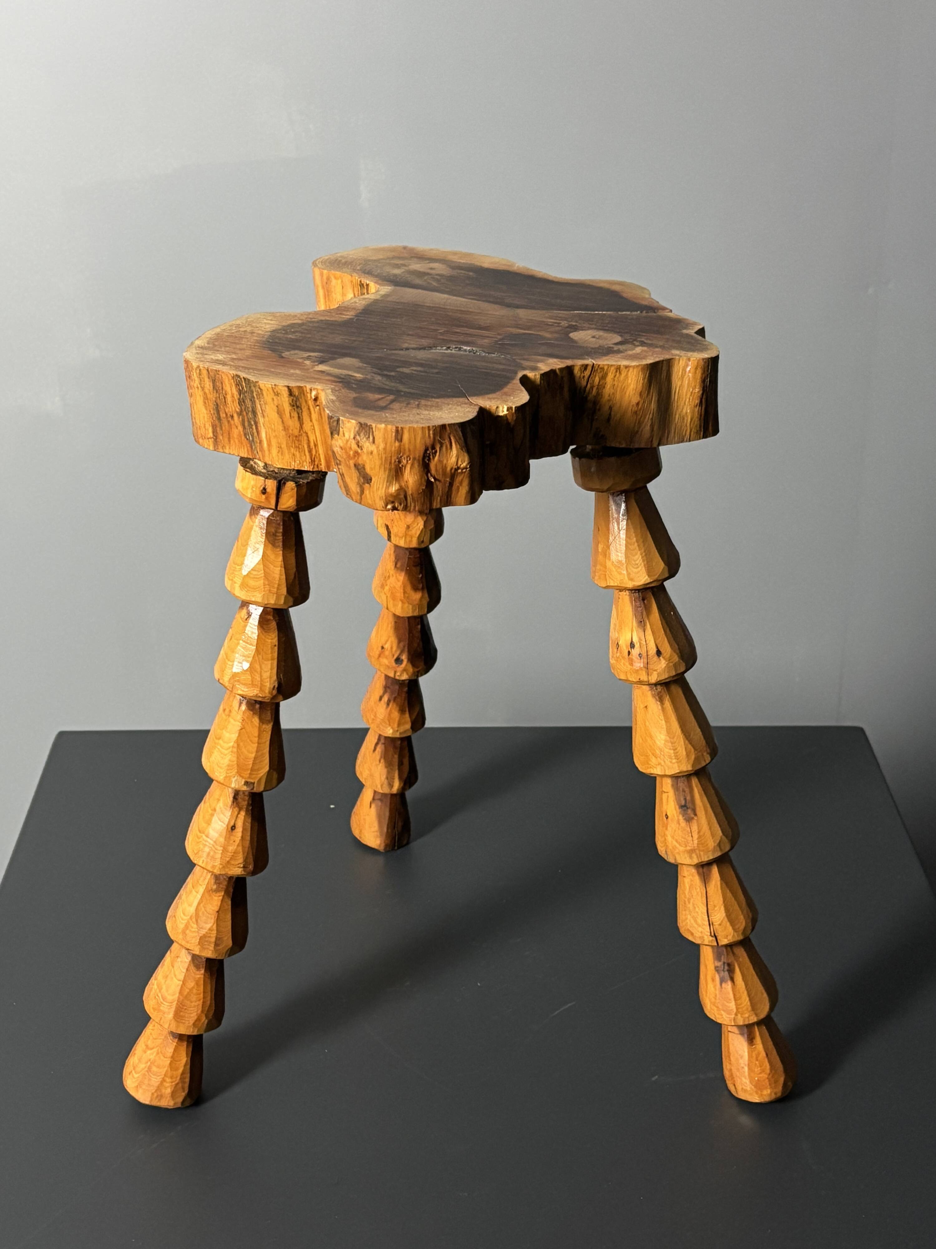 Midcentury brutalist artisanal wood turned handmade tripod stool, ca 1960s