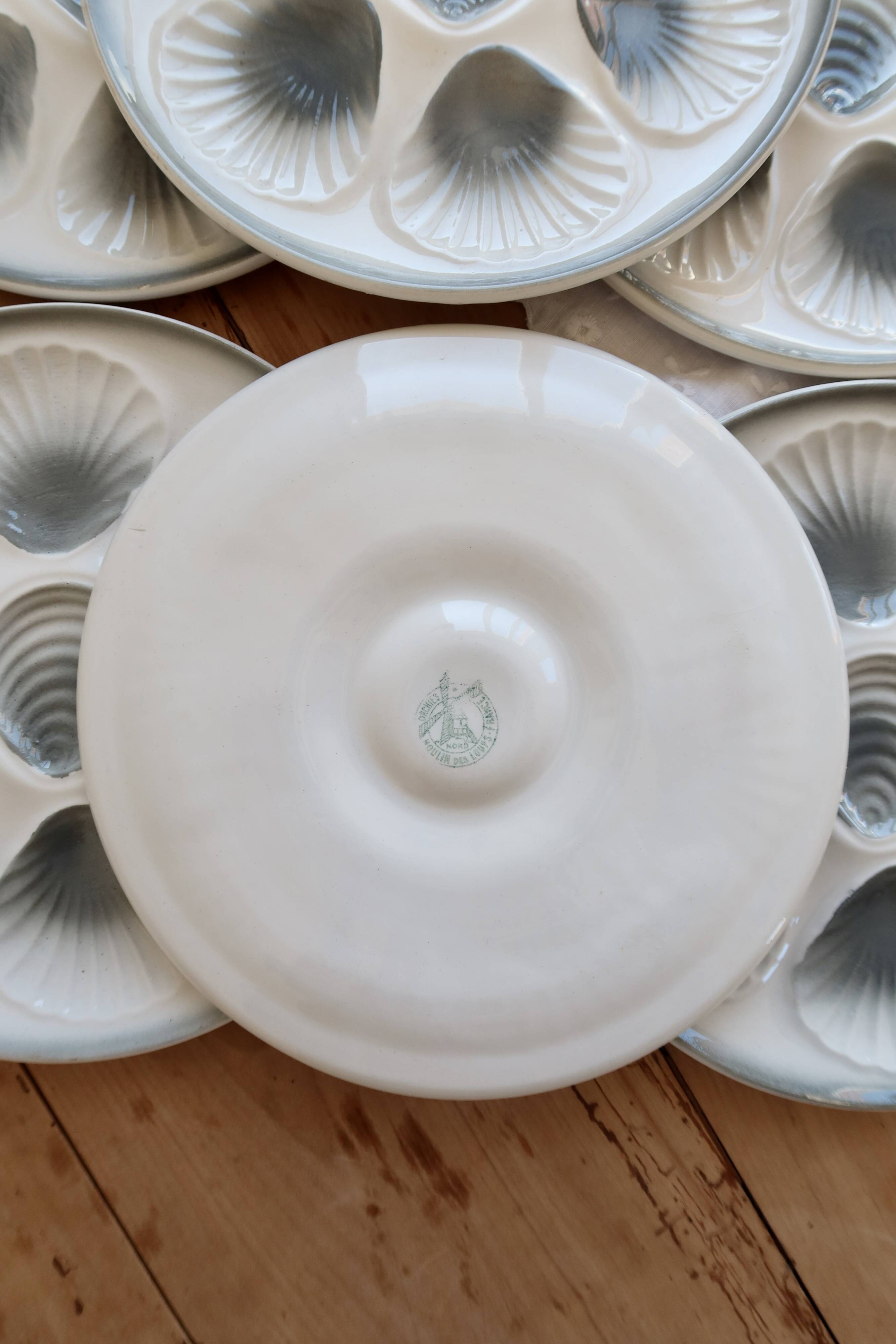 6 assiettes à huîtres vintage Moulin des Loups faïence dégradé bleu gris