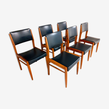 6 vintage Scandinavian chairs in wood and skai 50s 60s