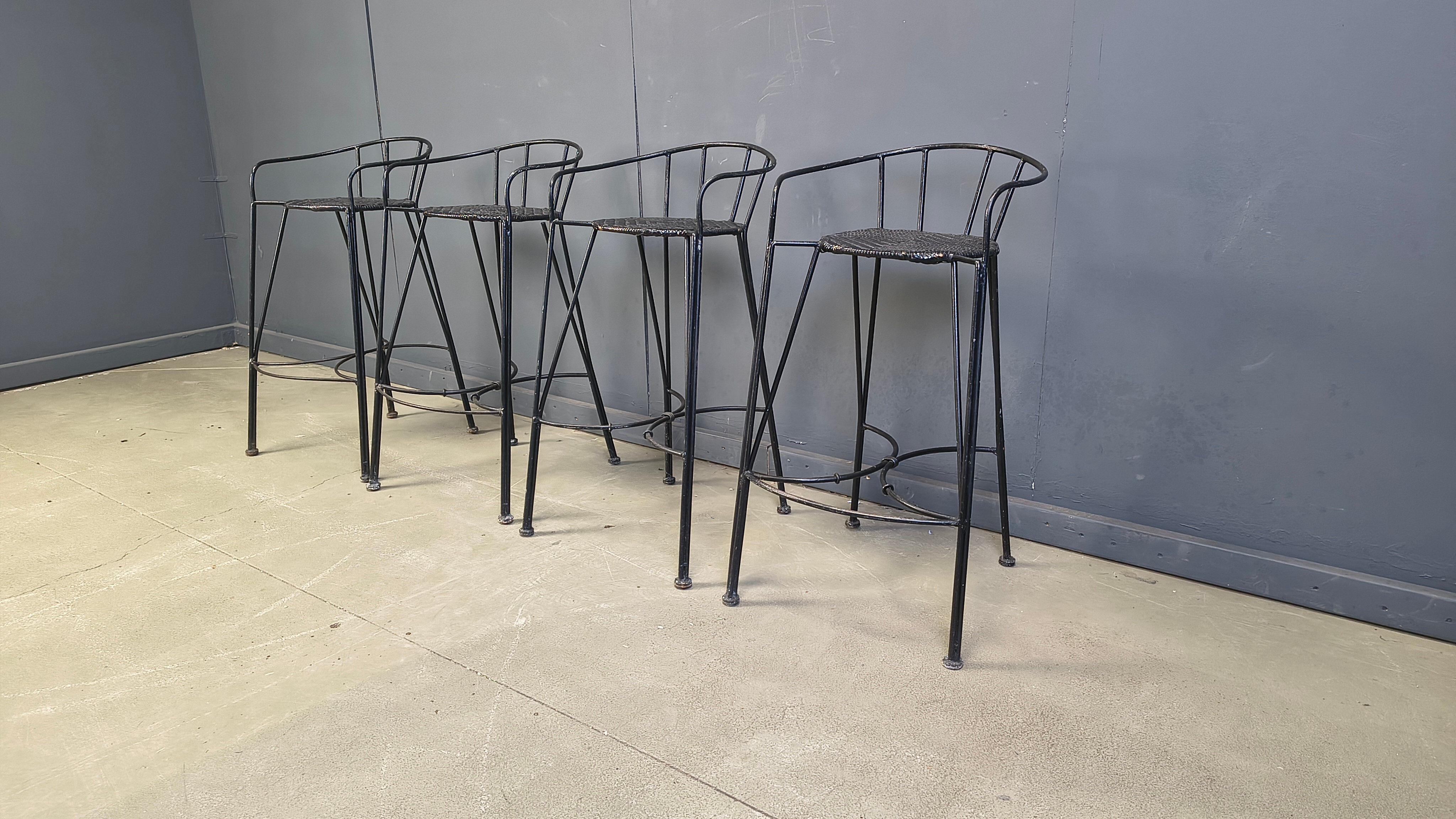 Tabourets de bar vintage en fer forgé et rotin, ensemble de 4 - années 1970