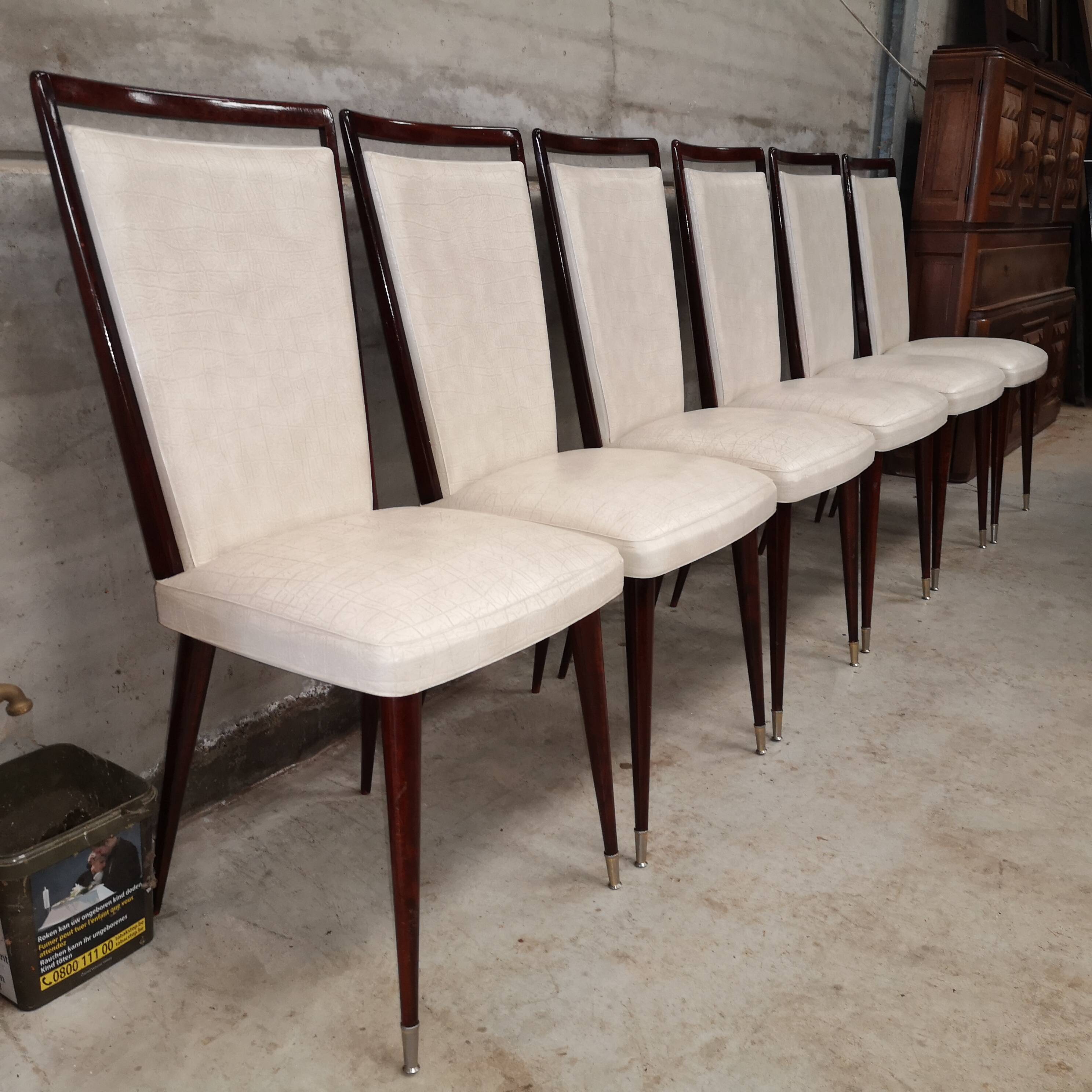 6 white leatherette and mahogany art deco style chairs, 1950
