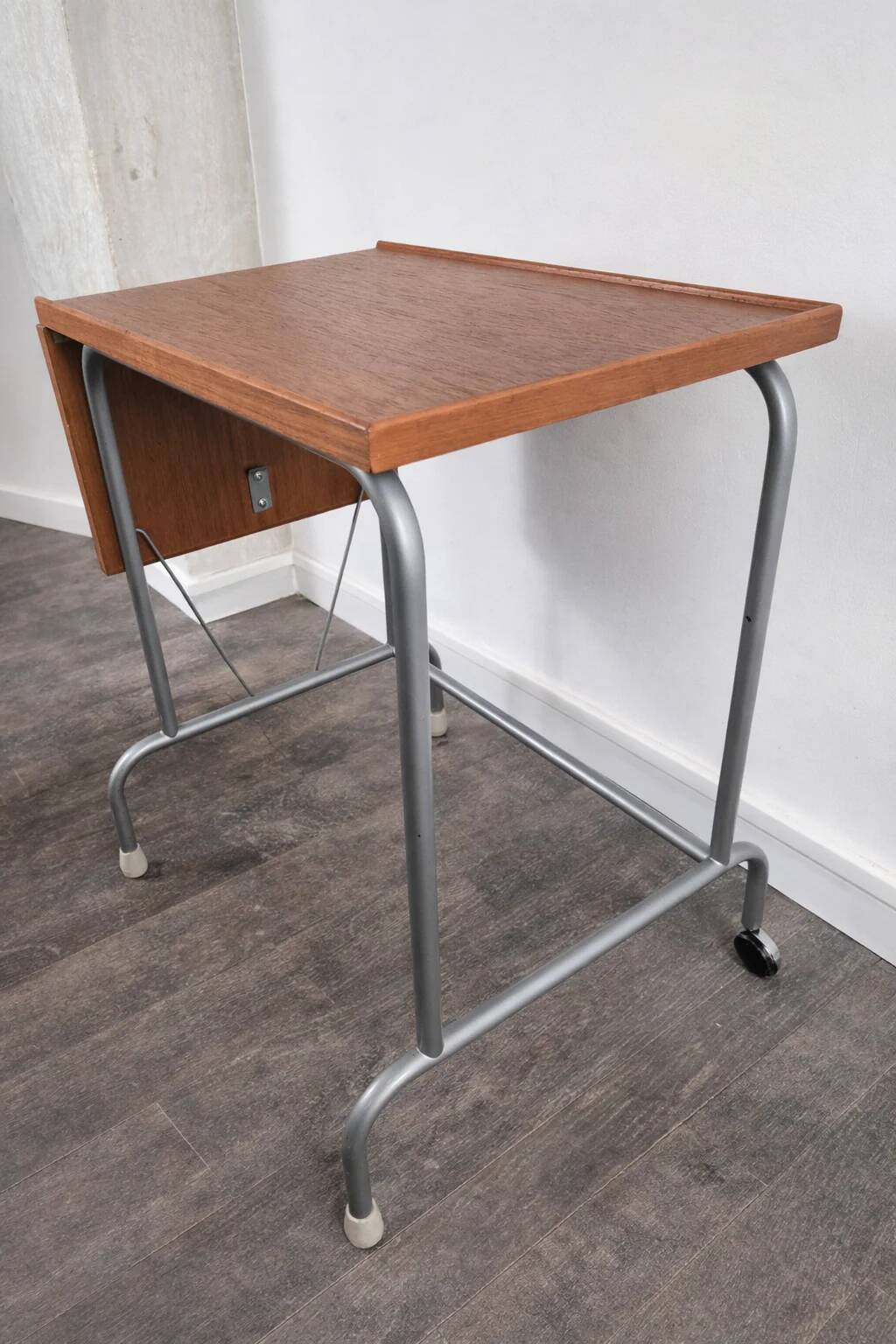 Side table on wheels with a mobile extension in teak and metal, Denmark, 1960.