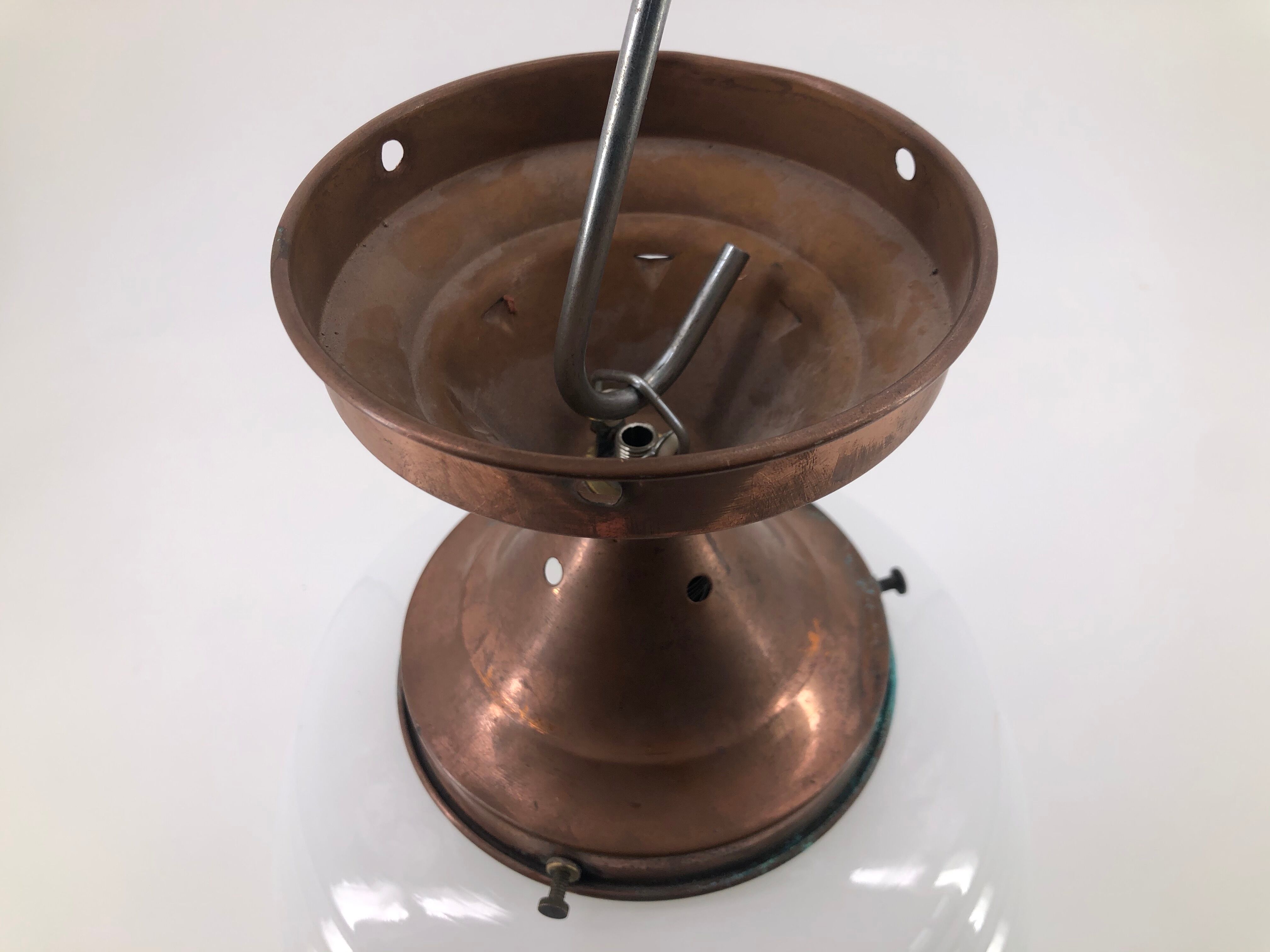 Ceiling lamp with opaline and art deco red copper mount