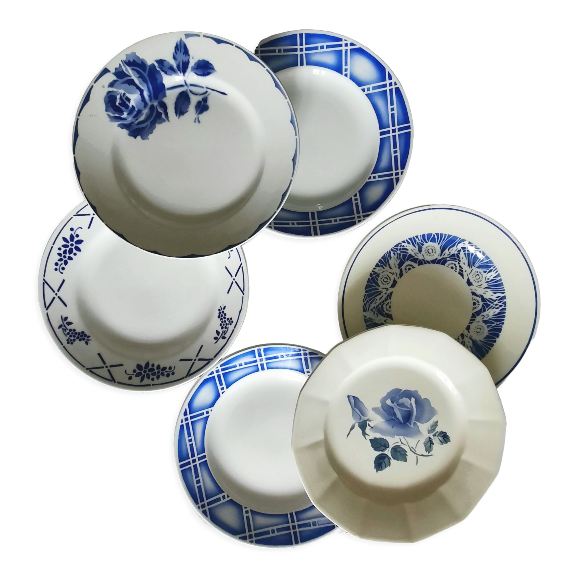 Old flat plates mismatched in earthenware