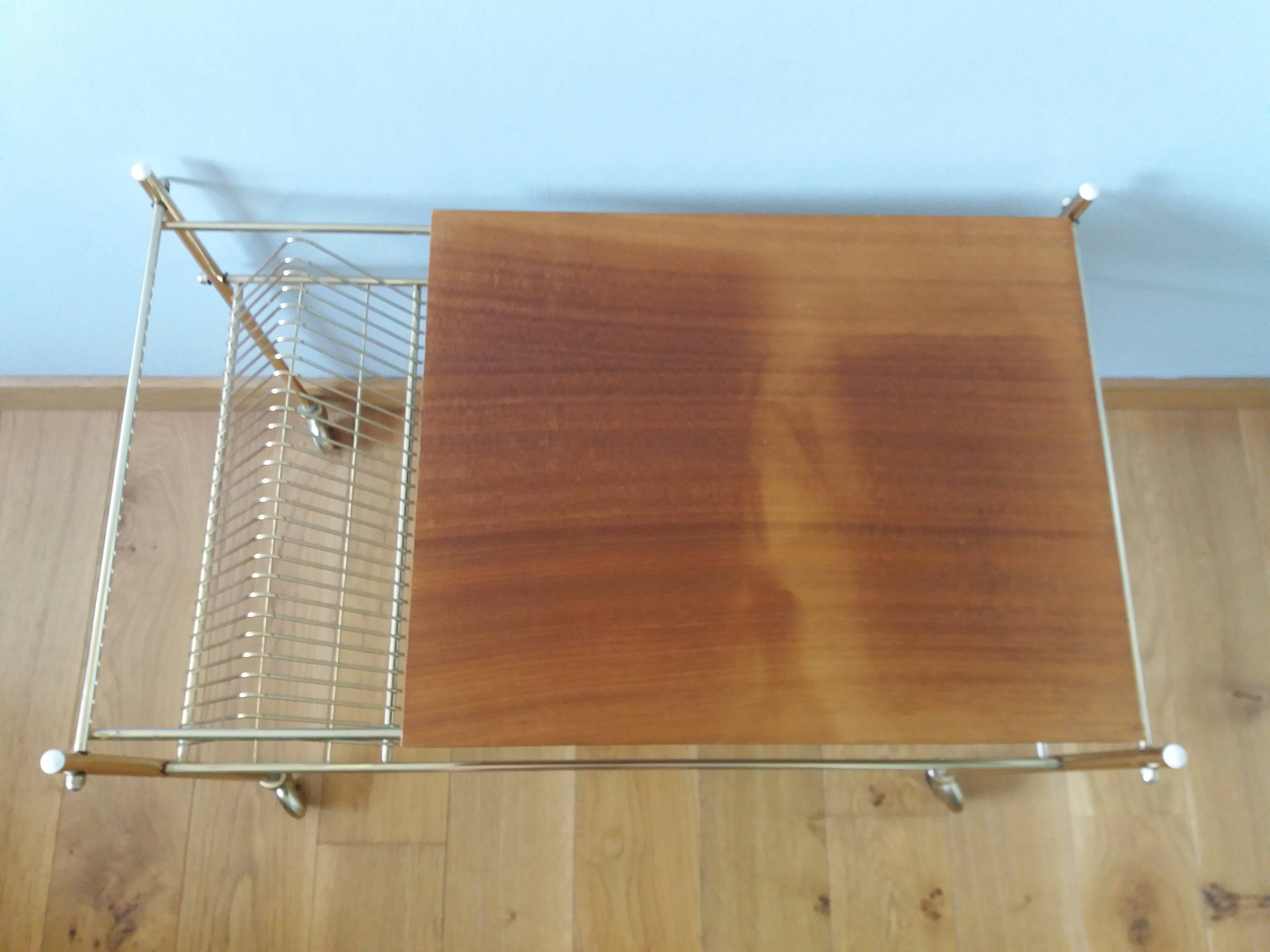 Vinyl hi-fi console with wheels in gold metal and wood