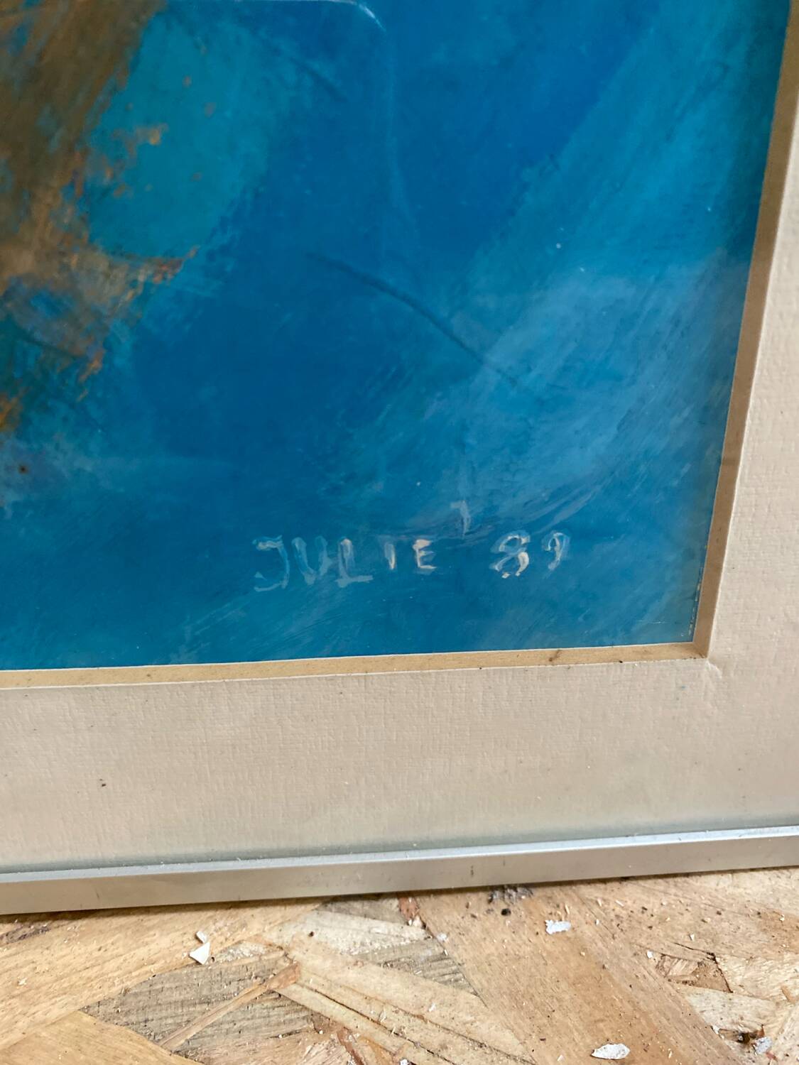 Old Oil On Paper JULIE Boat 89 + Grey Aluminum Frame