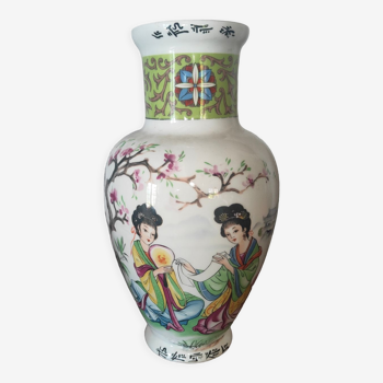 Japanese porcelain vase decorated with 2 geishas and flowering trees