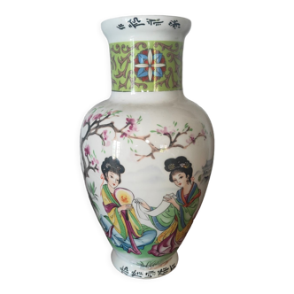 Japanese porcelain vase decorated with 2 geishas and flowering trees