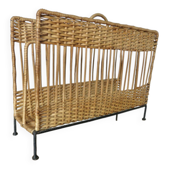 Rattan, wicker and metal magazine rack from the 60s and 70s