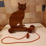 Chat en bois à roulettes, jouet à tirer