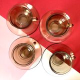 4 Arcoroc coffee cups and saucers in black transparent glass