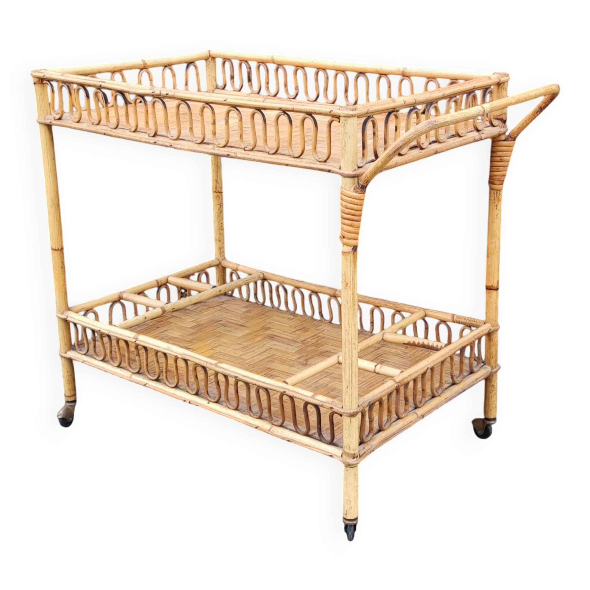 Vintage rattan bar trolley rolling serving cart
