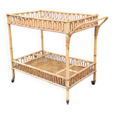 Vintage rattan bar trolley rolling serving cart