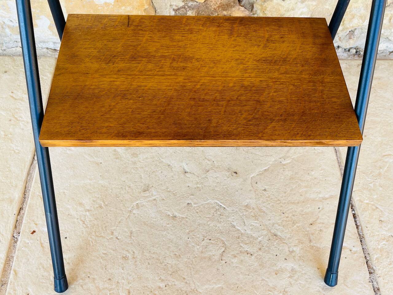 Vintage oak bedside table with black metal legs circa 50s/60s