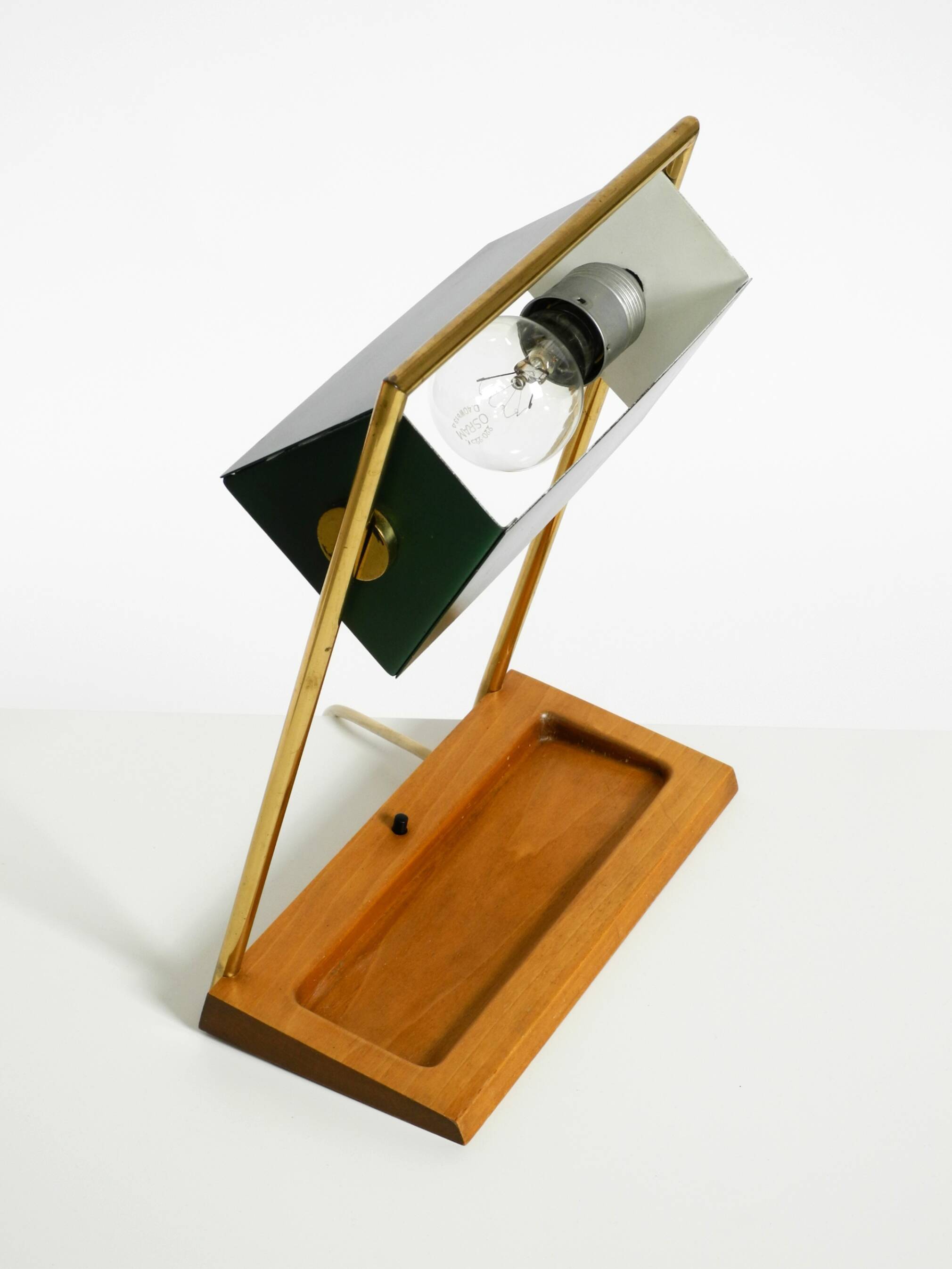 1960s Temde table lamp with a brass frame, teak base, and green lampshade