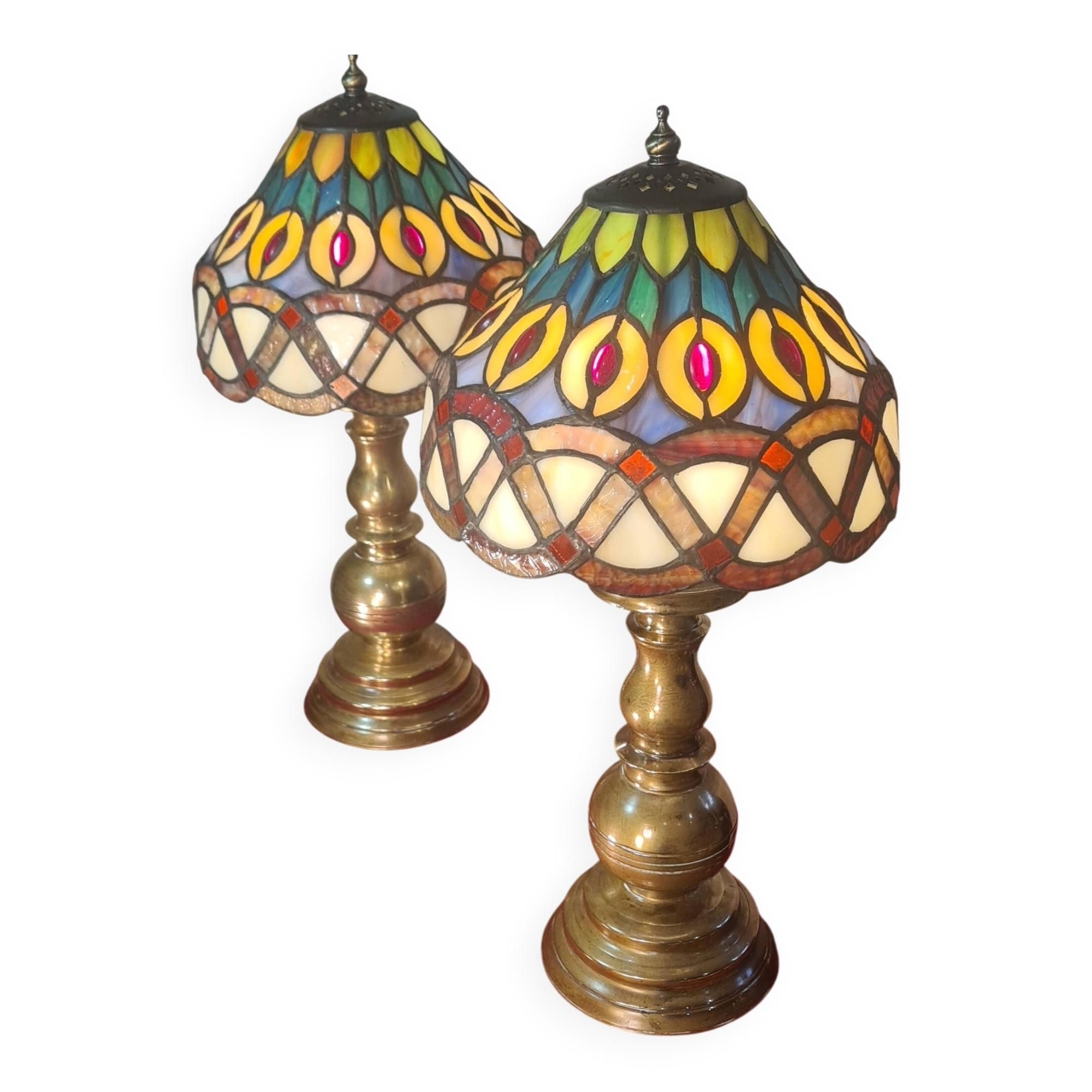 Pair of antique brass lamps, glass lampshades, 42x20, stained glass, Tiffany style.ent