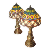 Pair of antique brass lamps, glass lampshades, 42x20, stained glass, Tiffany style.ent