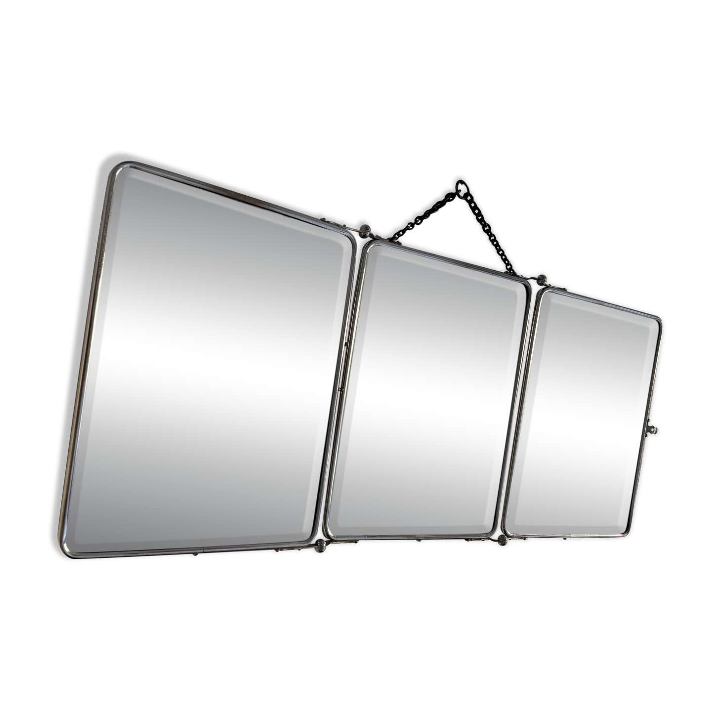 Vintage 1940s triptych barber mirror with bevelled chrome and snake imitation - 31 x