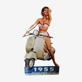 Plaque publicitaire Vespa 1955 avec une pin'up