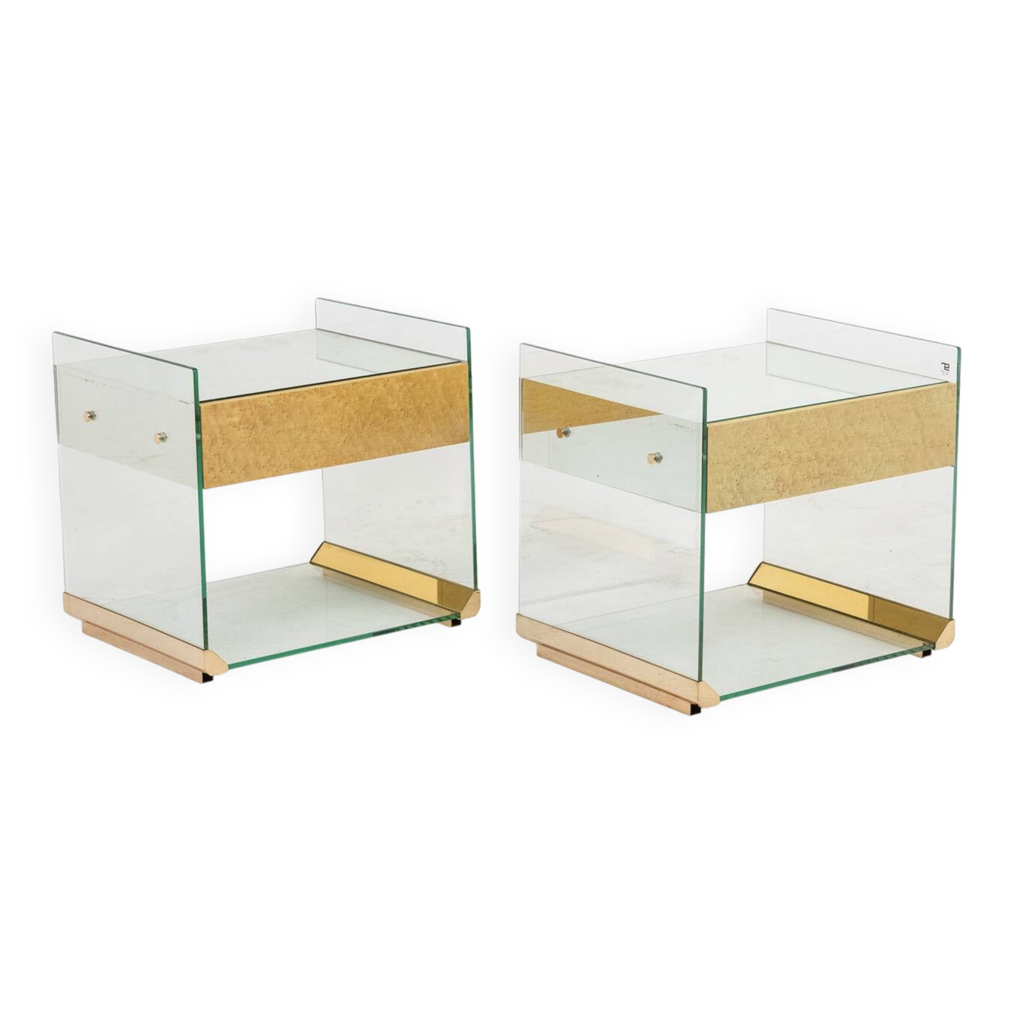 Pair of bedside tables or sofa ends in brass, glass and mirror. 1970s.