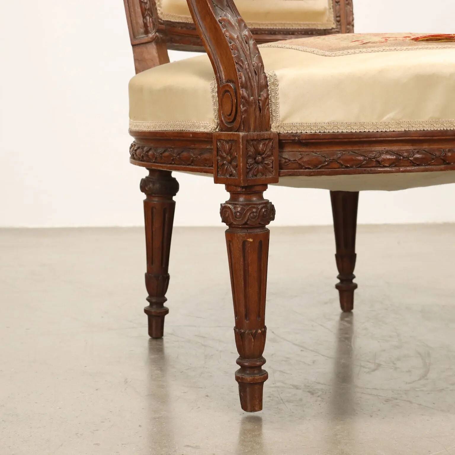 Antique beech armchair stained walnut, fabric, Italy, 19th century