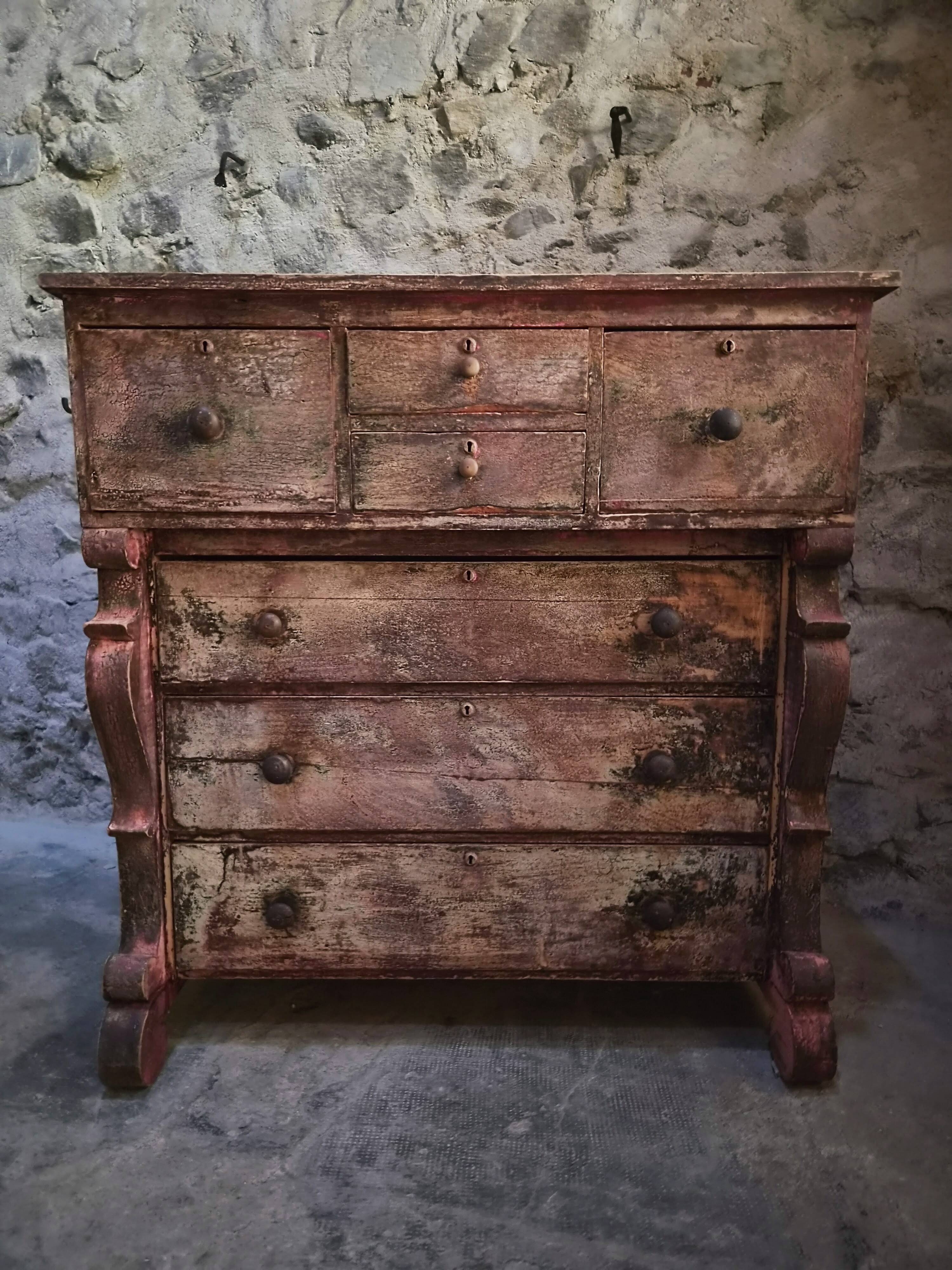 Commode de magasin peinte ancienne française, peuplier et pin, vers 1850–1900
