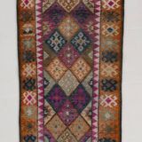 Blue Pink Geometric Oushak Runner Rug, 80x302Cm