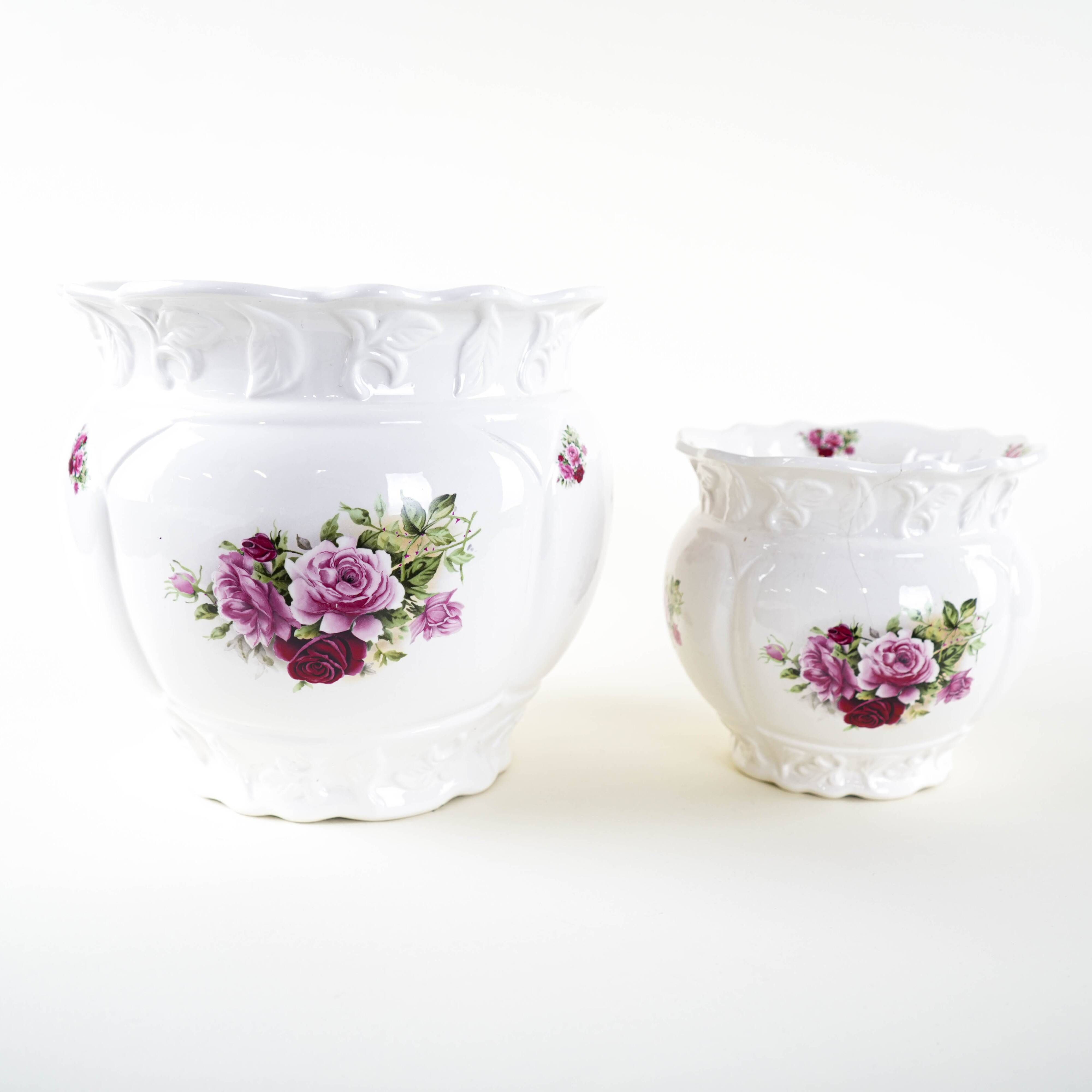Pair of decorative ceramic vases with hand-painted roses, Art Deco style, European