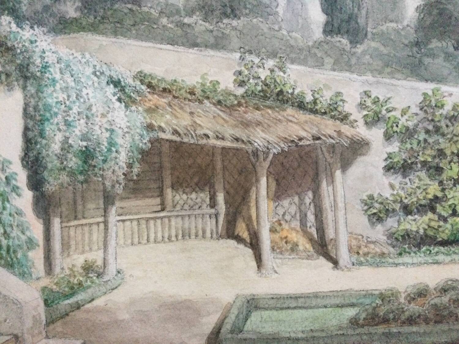 The garden of the abbey. Watercolour 19th century monogrammed.