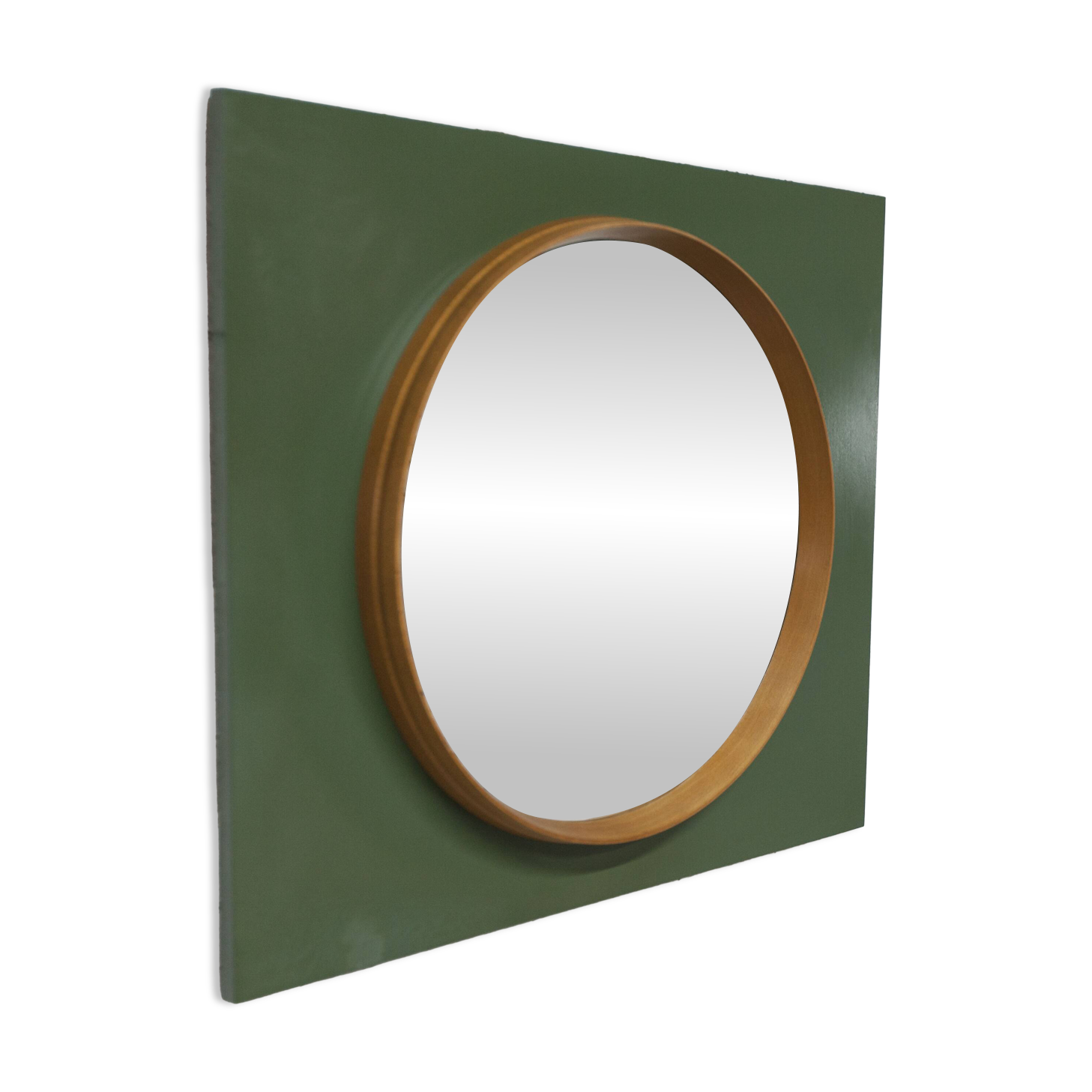 Unusual round wall mirror, 60 cm, teak edge on a green rectangular board, 1960s