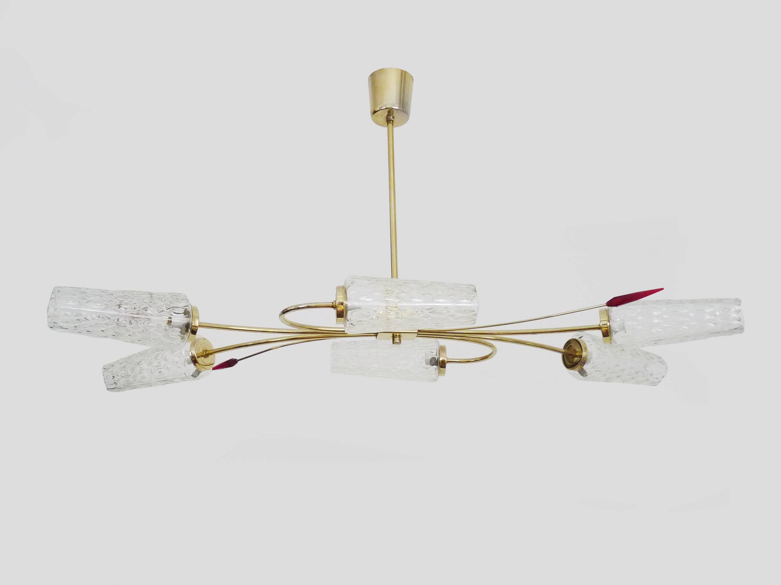 Antique chandelier with 6 branches, 2 red arrows, brass and diamond glass tubes. 70s