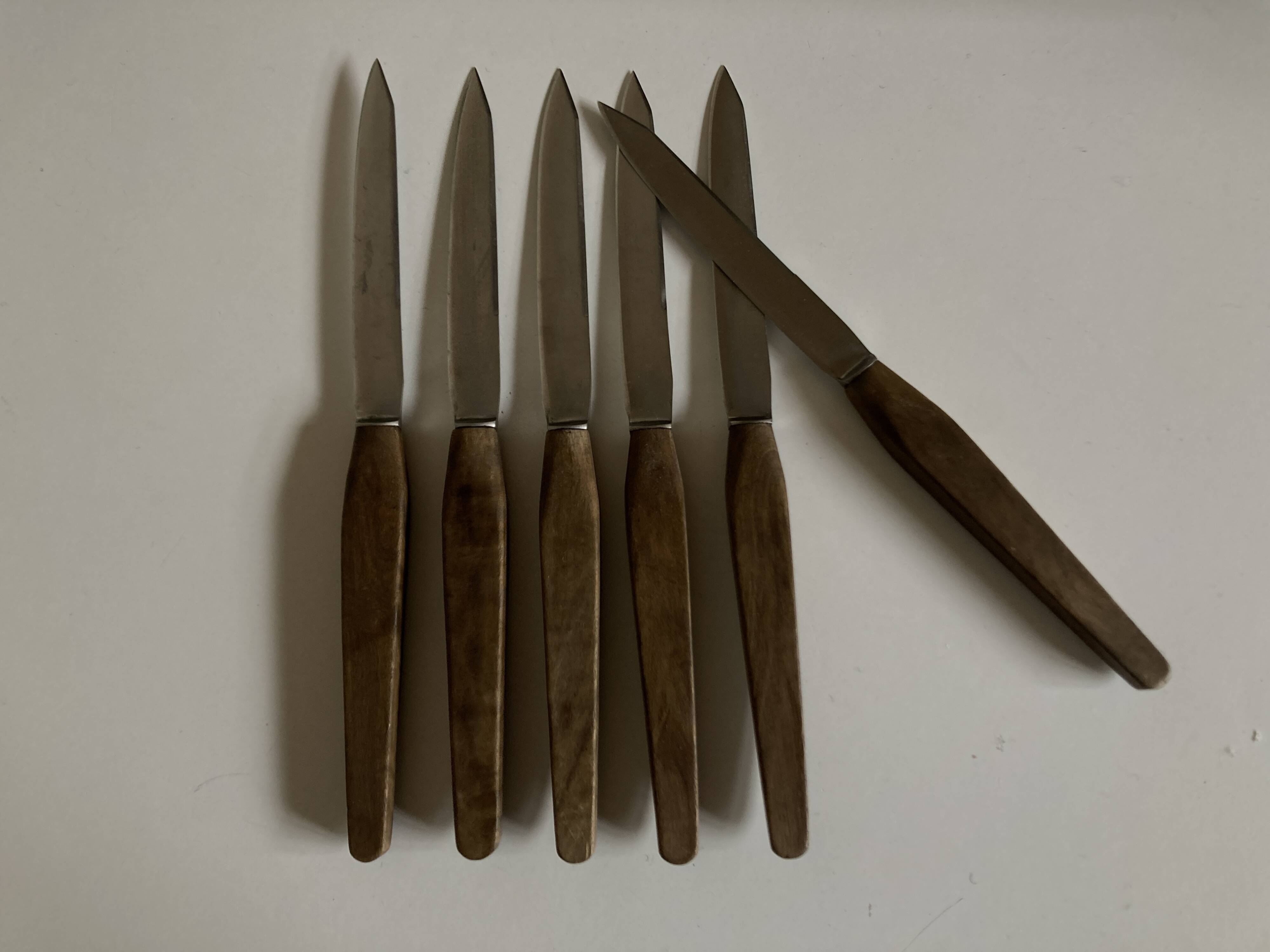 Set of 6 Scandinavian table knives, stainless steel blade, teak handle.