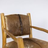 Brutalist style armchair in elm and goatskin, 1970s