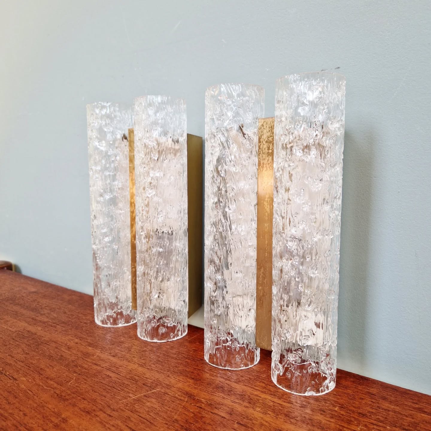 Pair of wall sconces in brass and frosted tubular glass, Doria, 1960-70.