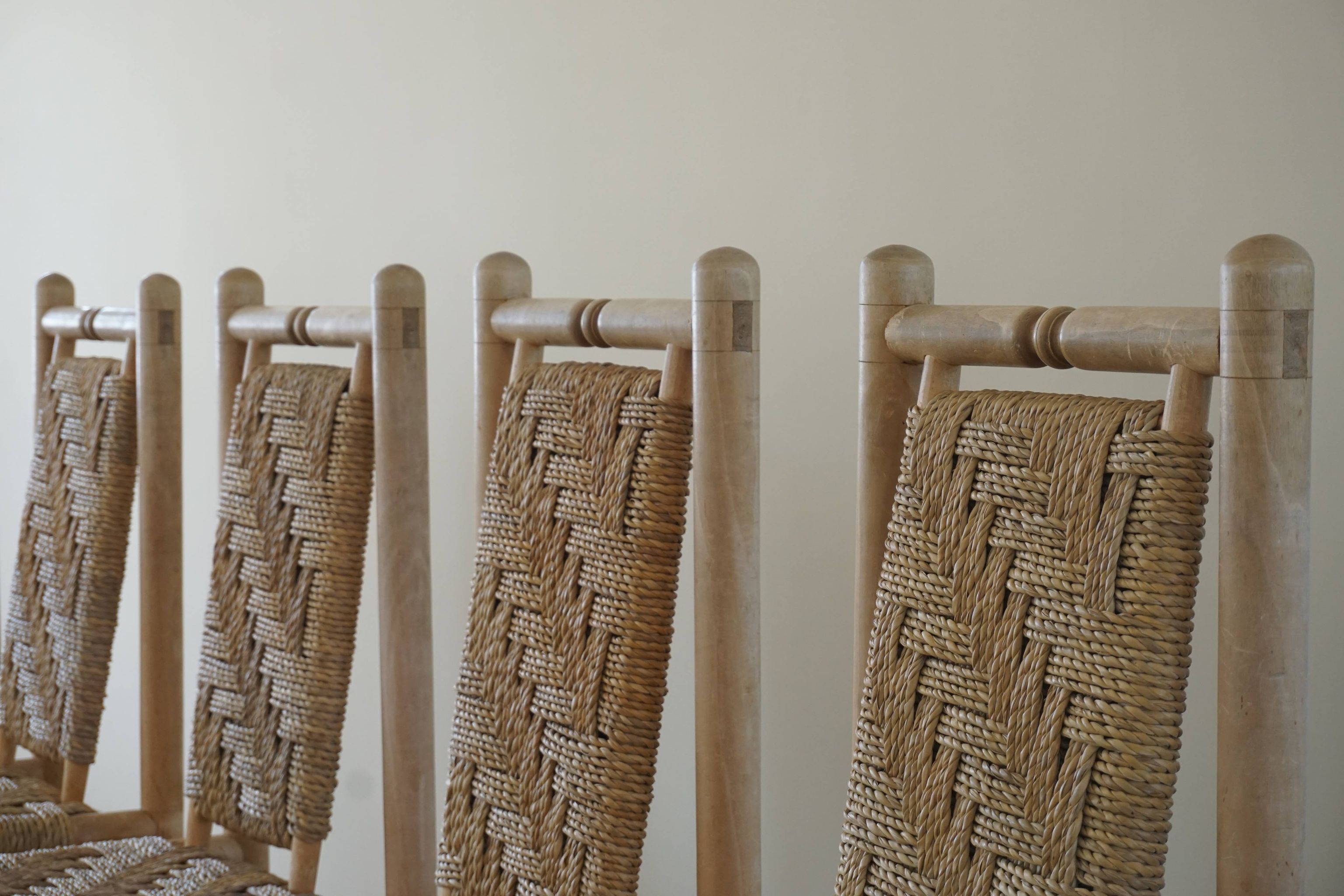 Set of 6 French Mid Century Naturalist Woven Highback Chairs in Solid Elm, 1960s