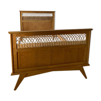 1-place bed oak and vintage rattan