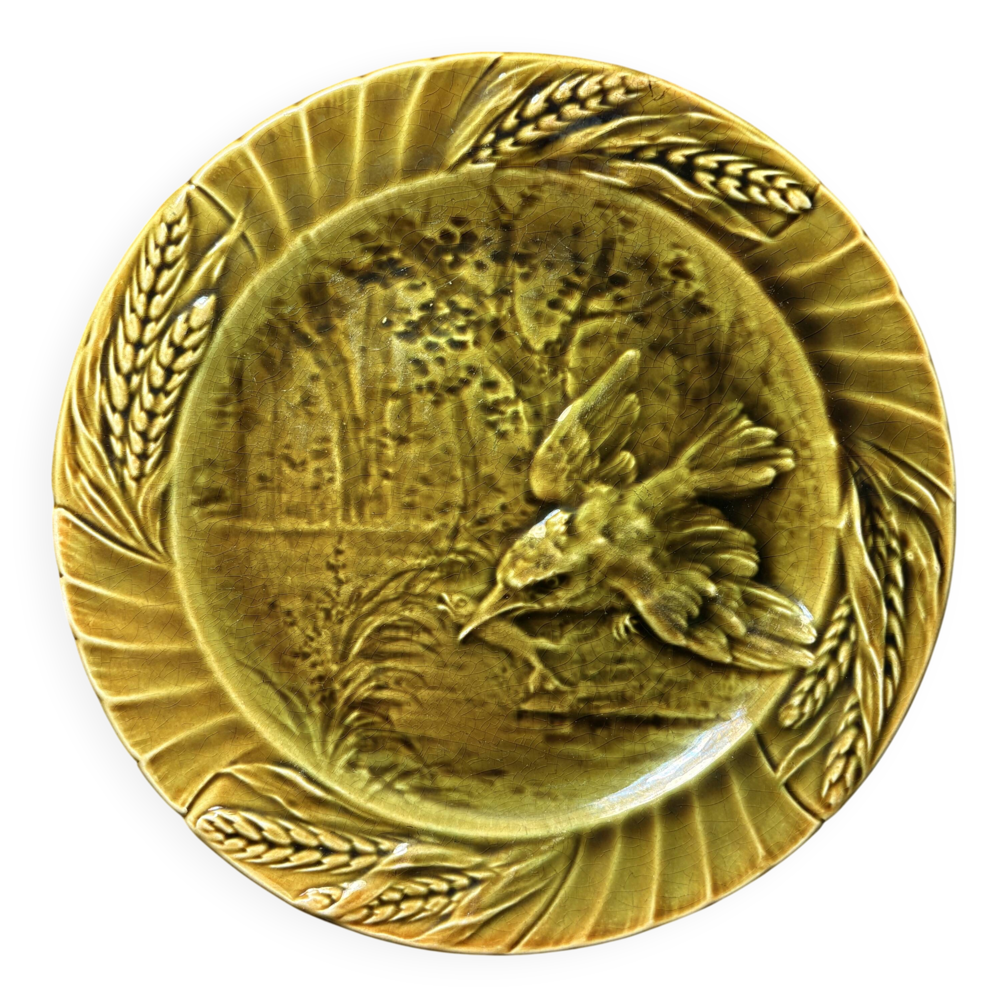 Antique molded earthenware plate – bird and wheat wheat decoration – barbotine style