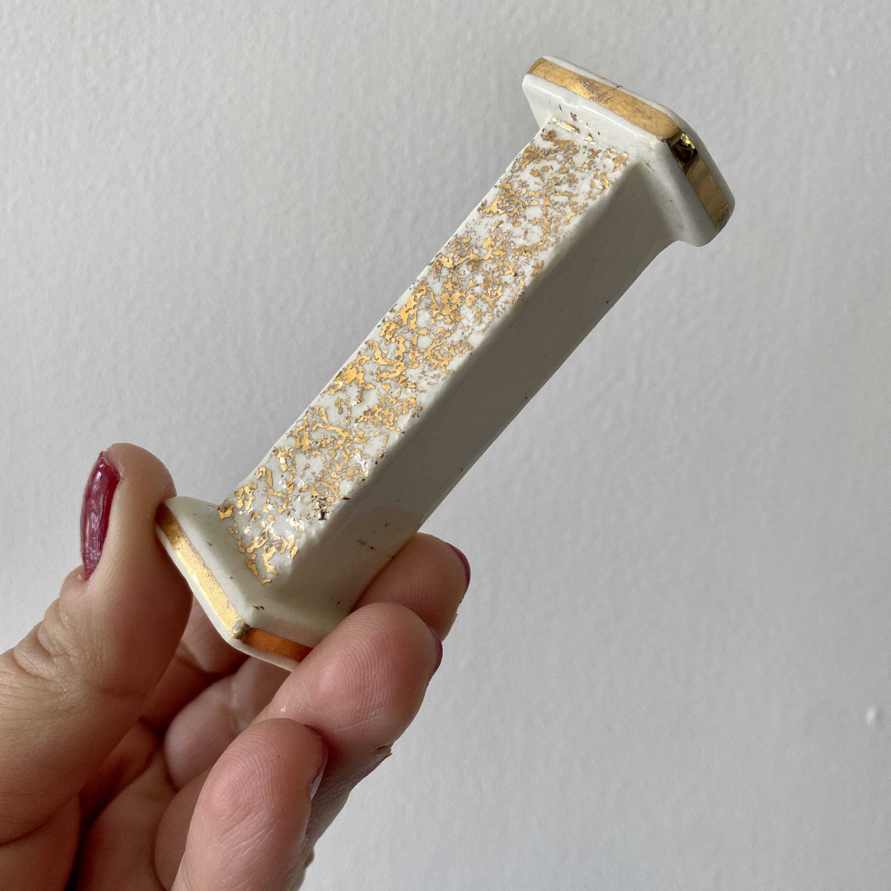 Set of 10 vintage art deco knife holders in white and gold ceramic