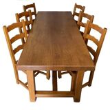 Solid oak farm table + 6 straw-seated oak chairs